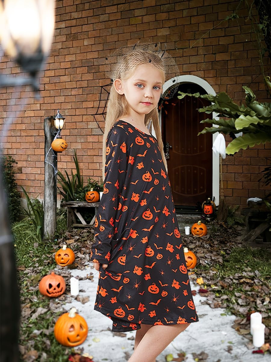 Girls Halloween Costumes Dresses for Kids Costume Dress Long Sleeve Printed Shirt Dresses with Pockets