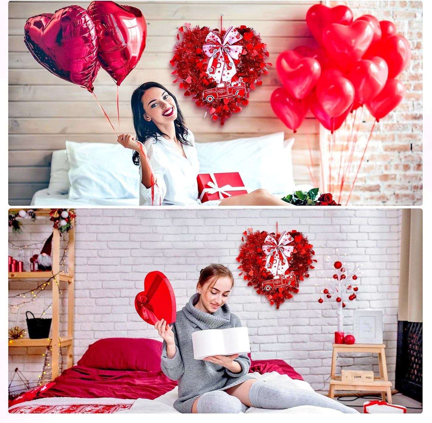 2 Pcs Valentine'S Day Heart Wreaths Decorations St. Patrick'S Lucky Shamrocks Door Wreath Heart Shaped Irish Clover Decor with Wooden Truck and Bow for Valentines Irish Front Door Wall Decor