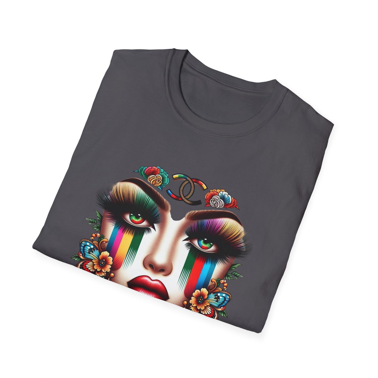 Gucci Inspired Vibrant Art Face Unisex Softstyle T-Shirt - Colorful Floral Design