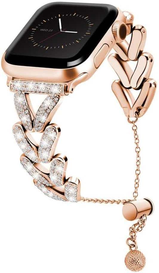 Compatible with Apple Watch Band 44Mm Women Bling Diamond Jewelry Metal Strap, V-Shape Shiny Bracelet Stainless Steel Wristband for Iwatch 42Mm 45Mm 49Mm Series 8/7/6/5/4/3/2/1/SE Rose Gold