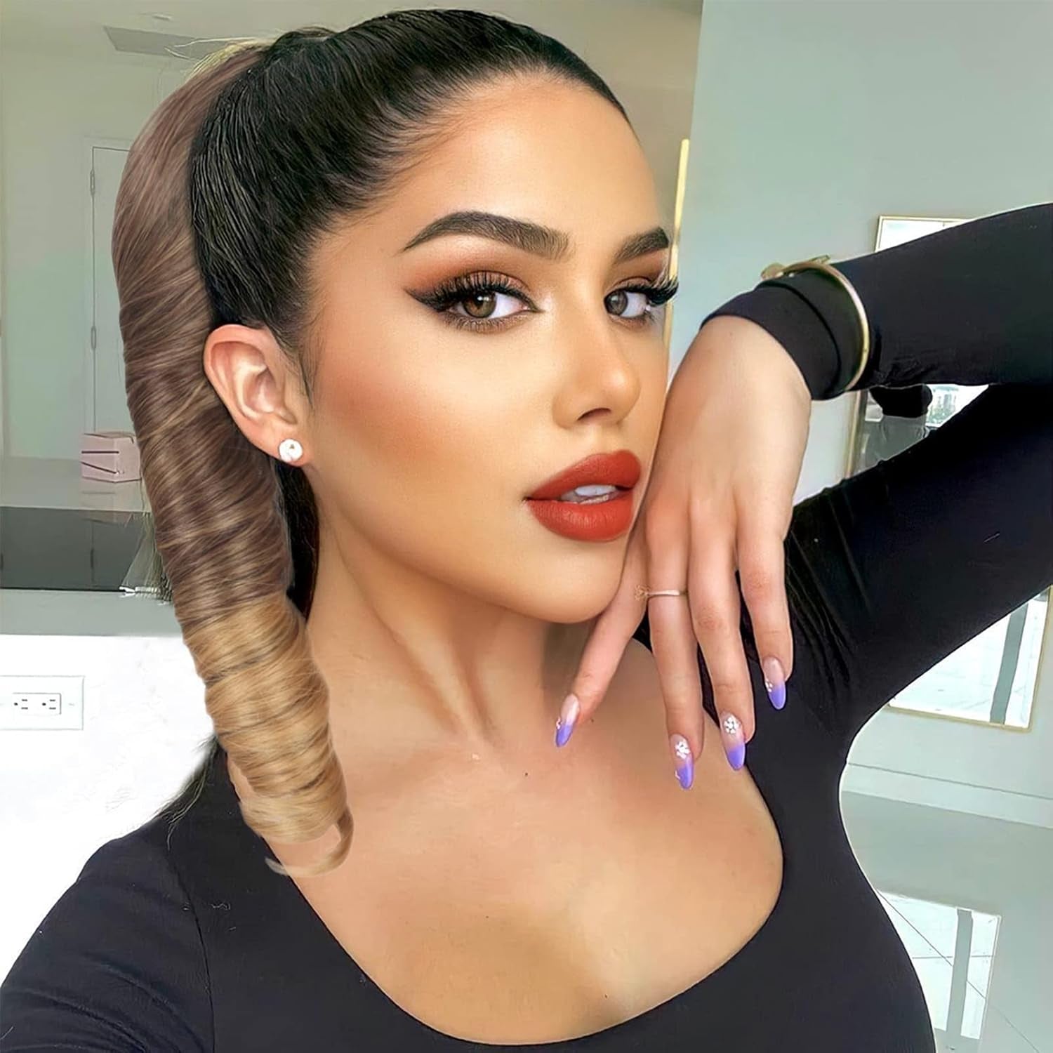 Spiral Curl Short Hair Extensions Drawstring Ponytails for Black Women Synthetic Highlight Curly Hair Fake Ponytail, 14Inch Ombre Blonde T33/27# Bounce Curl Ponytail Extension for Black Women