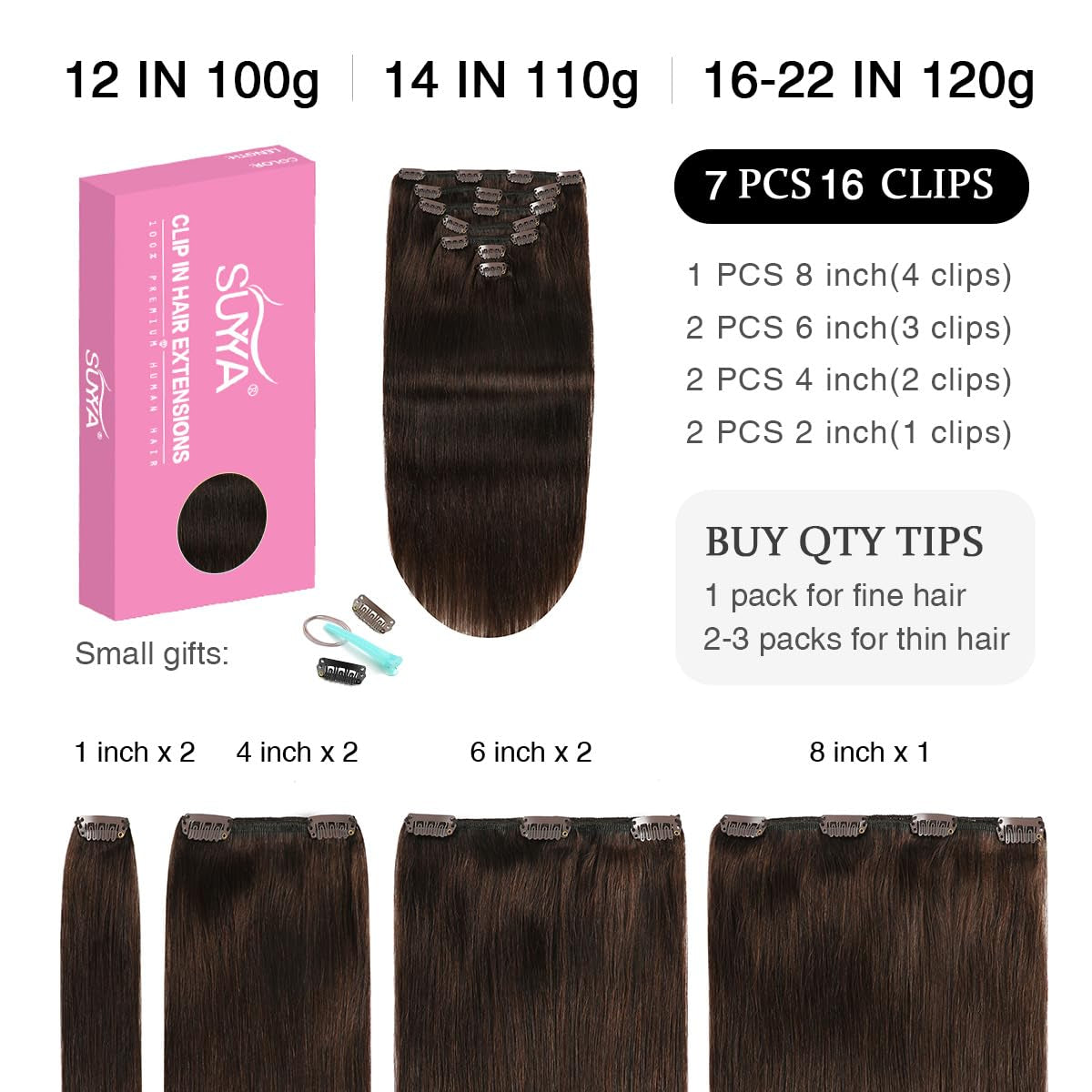 Clip in Hair Extensions Real Human Hair,Human Hair Clip in Extensions Straight Human Hair Clip Ins Double Weft Hair Extensions Clip Ins 7Pcs 120G (16 Inches #2 Darkest Brown)