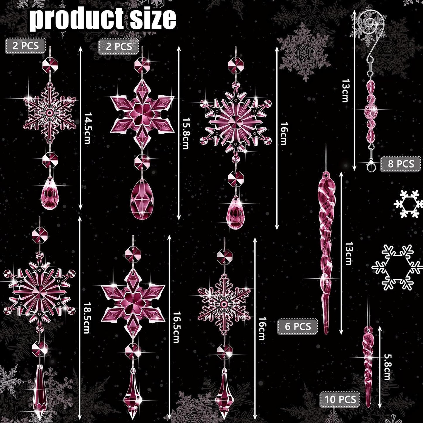 32 Pcs Crystal Christmas Ornaments Crystal Hanging Snowflakes Acrylic Xmas Tree Icicle Drop Crystal Decorations with Hooks for Christmas Snow Party Winter (Pink)