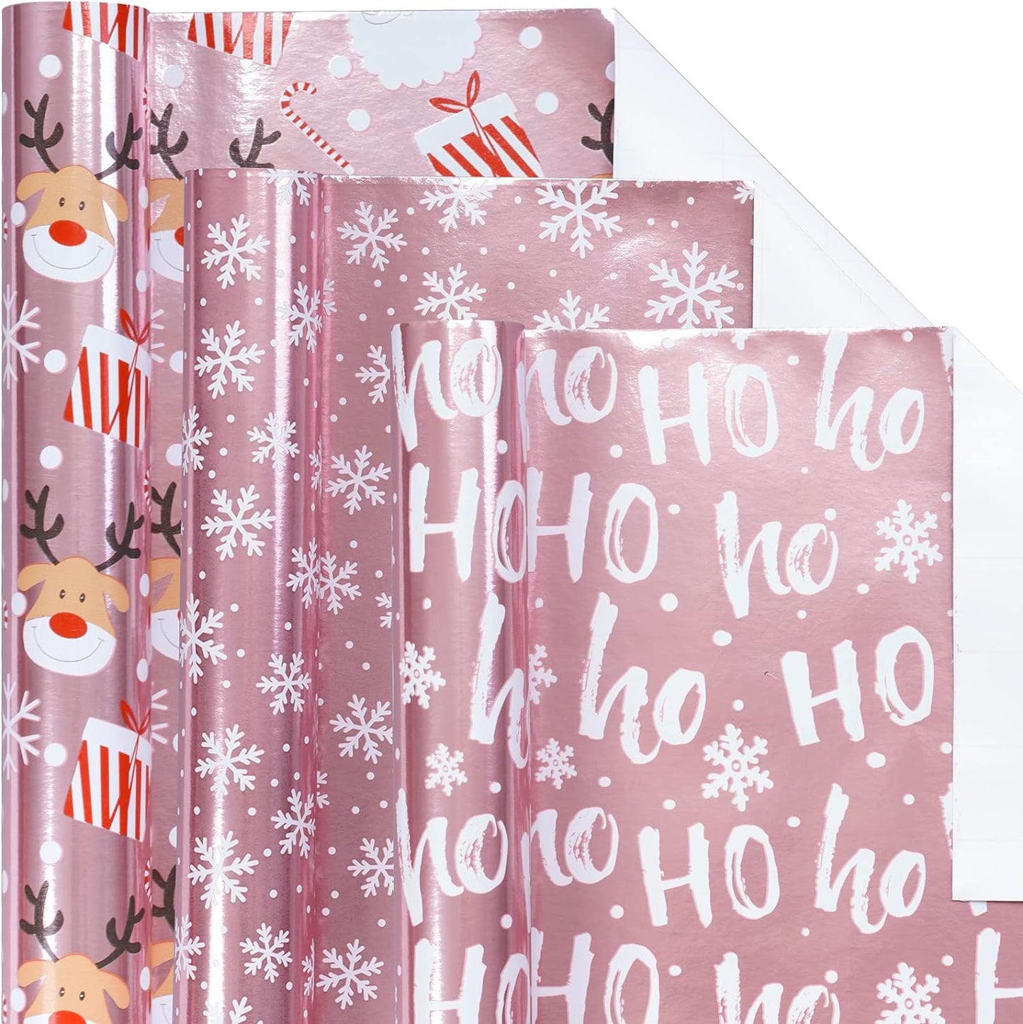 Christmas Wrapping Paper Mini Roll, Pink Metallic Foil Shine Paper - Snowflakes/Santa Claus/Ho Print for Gift Wrap, Arts Crafts - 17 X 120 Inches - 3 Rolls (42.5 Sq.Ft.Ttl.)