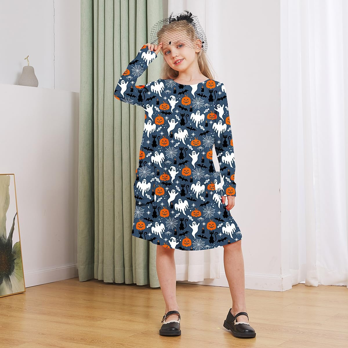 Girls Halloween Costumes Dresses for Kids Costume Dress Long Sleeve Printed Shirt Dresses with Pockets