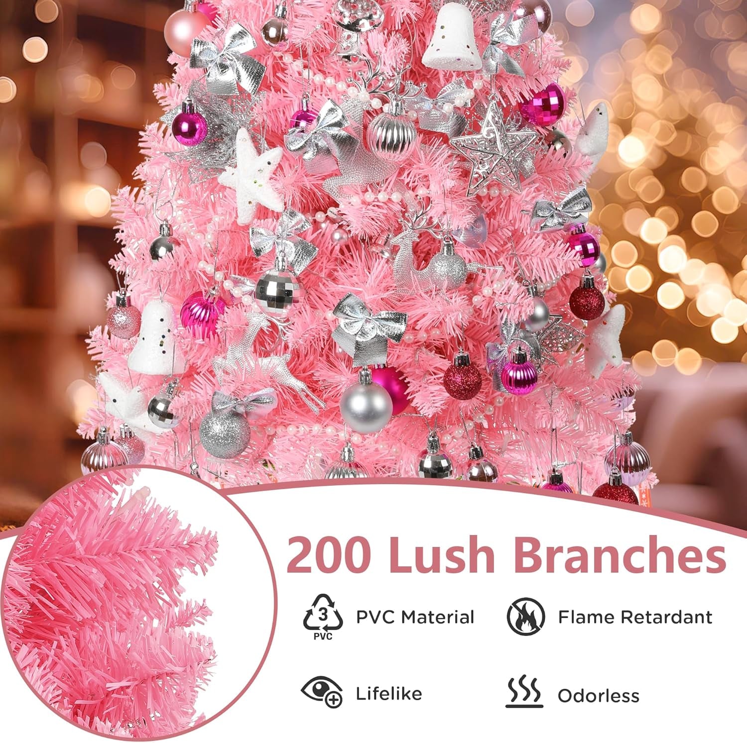 3FT Pink Christmas Tree, Small Tabletop Christmas Tree with 80 LED Lights, Mini Artificial Prelit Christmas Tree, 200 Lifelike Branches, 110 Ornaments, Pink Christmas Decorations for Home