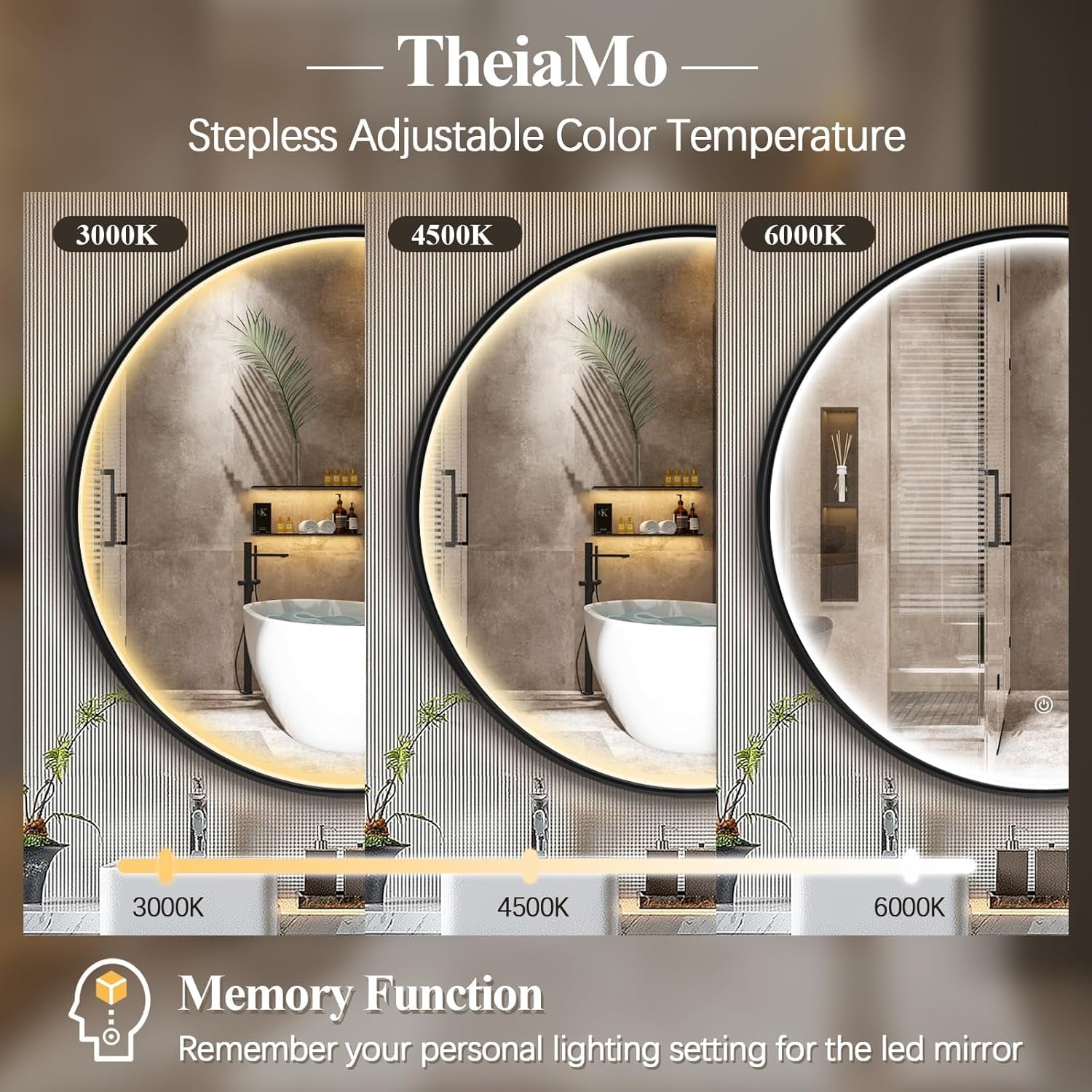 24 Inch round LED Bathroom Mirror, Circle Frame Recessed Light Strip Design Modern Vanity Mirror, Anti-Fog Smart Mirror with Stepless Color Temperature Adjustable 3000-6000K, Black