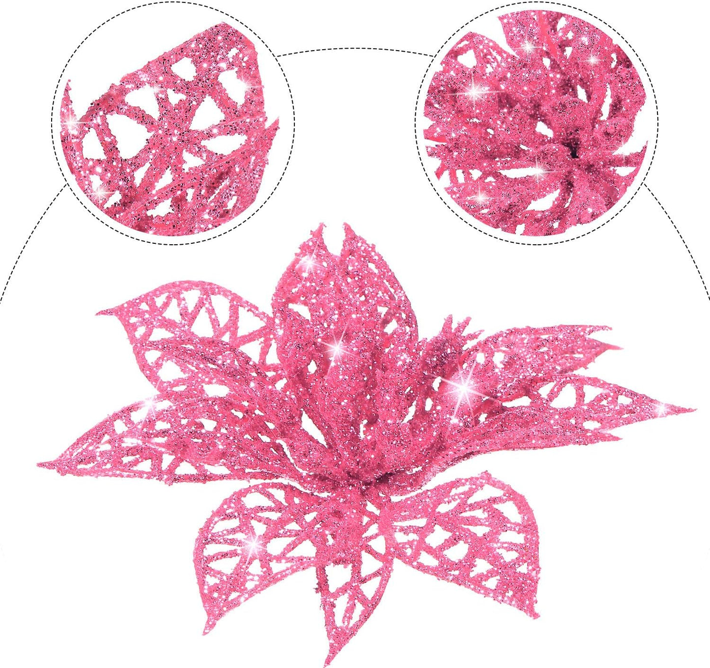 24 Pieces Christmas Poinsettia Tree Ornament Flowers Christmas Decor Glitter Ornament, 3/4/6 Inches(Pink)