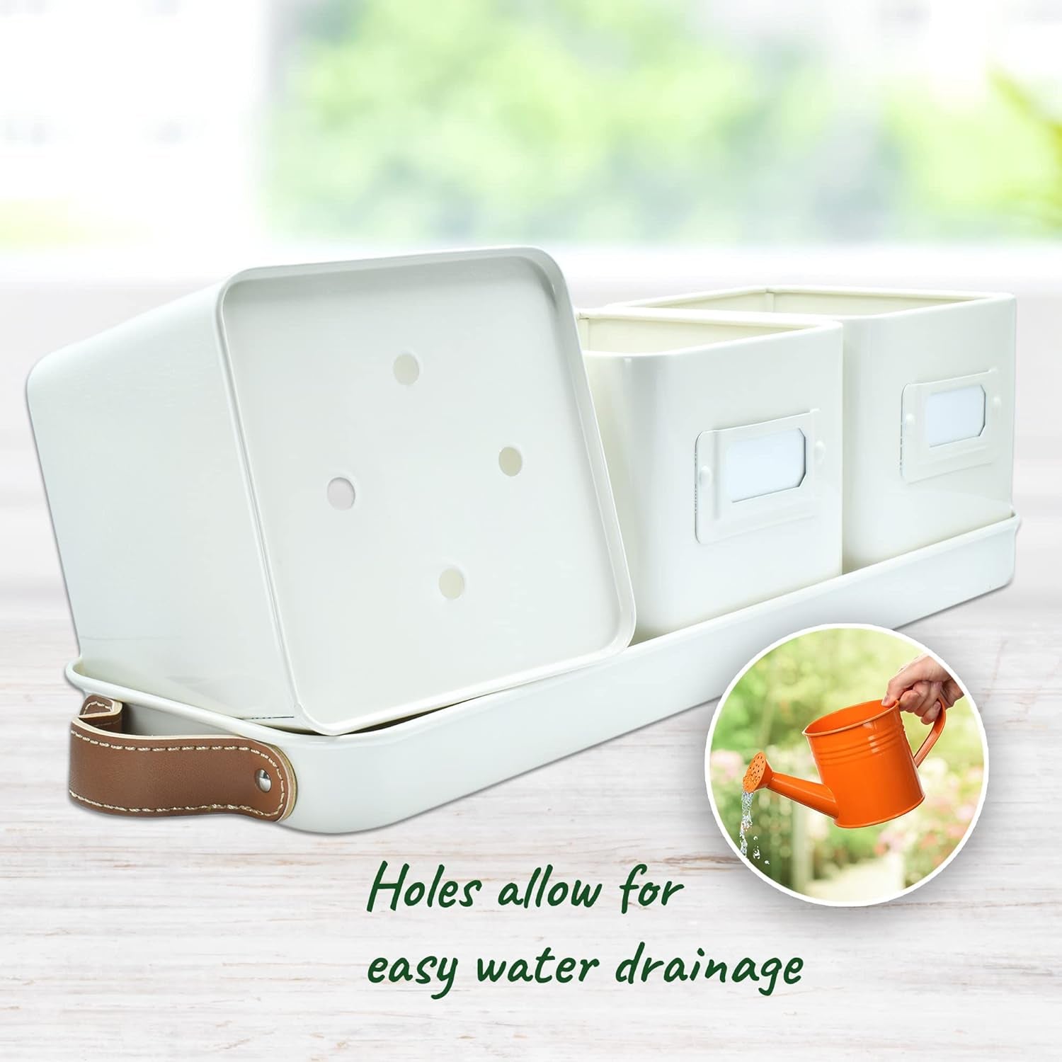 Herb Planter Indoor - Set of 3 Warmstone Indoor Herb Garden Pots for Plants with Leather Handled Tray - Window Sill Plant Shelf - Herb Pots with Drainage Holes and Labels