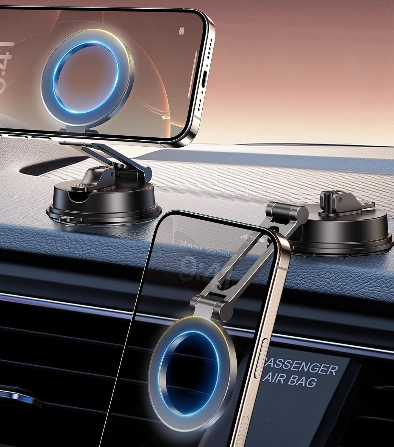 Folding Car Phone Mount for Magsafe, Magnetic Dashboard, Windshield Holder, Strong Suction, Easy to Relocate, Must-Have for Car Rentals, Best Accessories for Men Women Iphone 16E/15/14/13/12 Pro Max