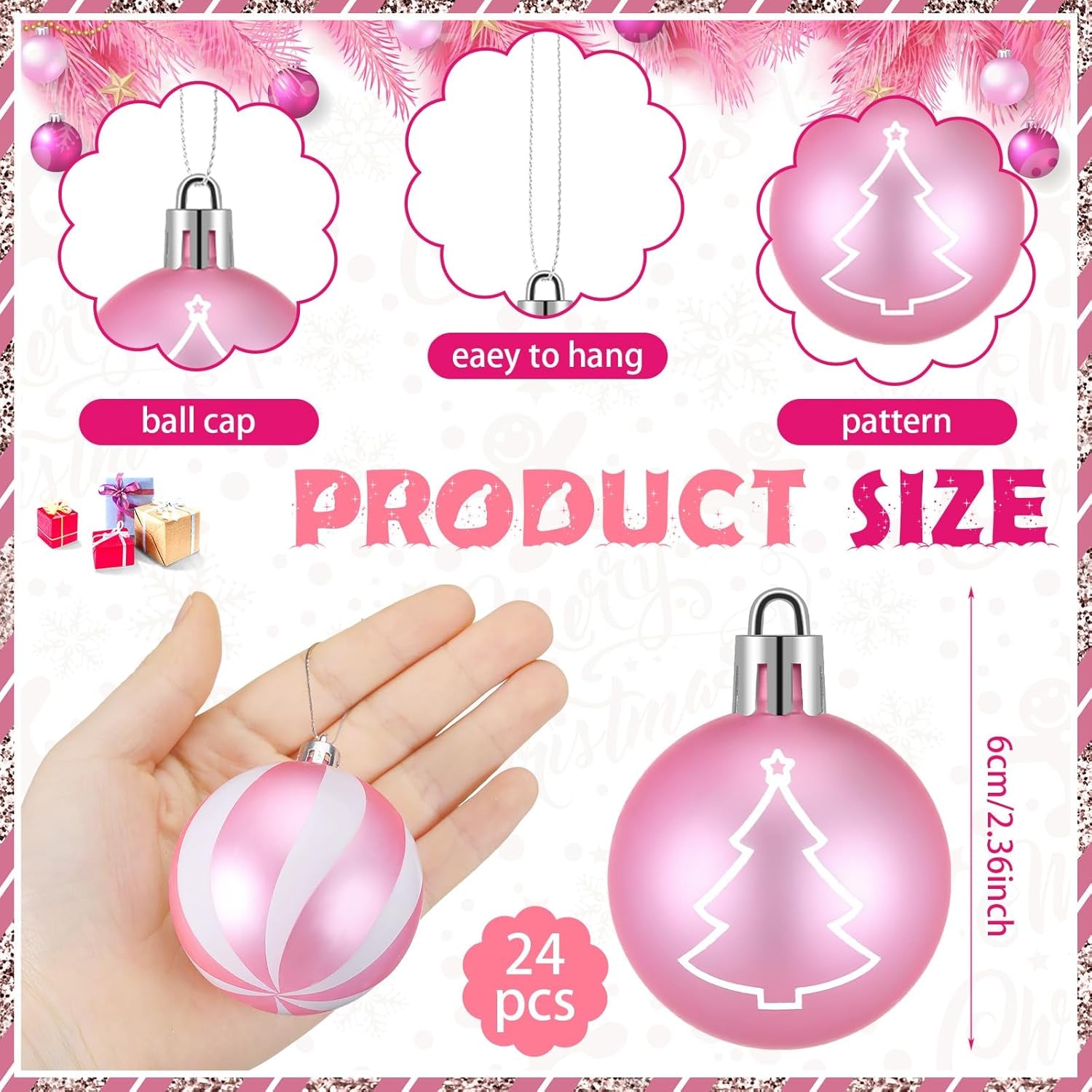 24 Pcs Pink and White Christmas Ball Ornaments 2.36 Inch Christmas Tree Decoration Ornaments Glitter Plastic Stripe Dot Snowflake Hanging Ball Christmas Decorations for Home Indoor Outdoor