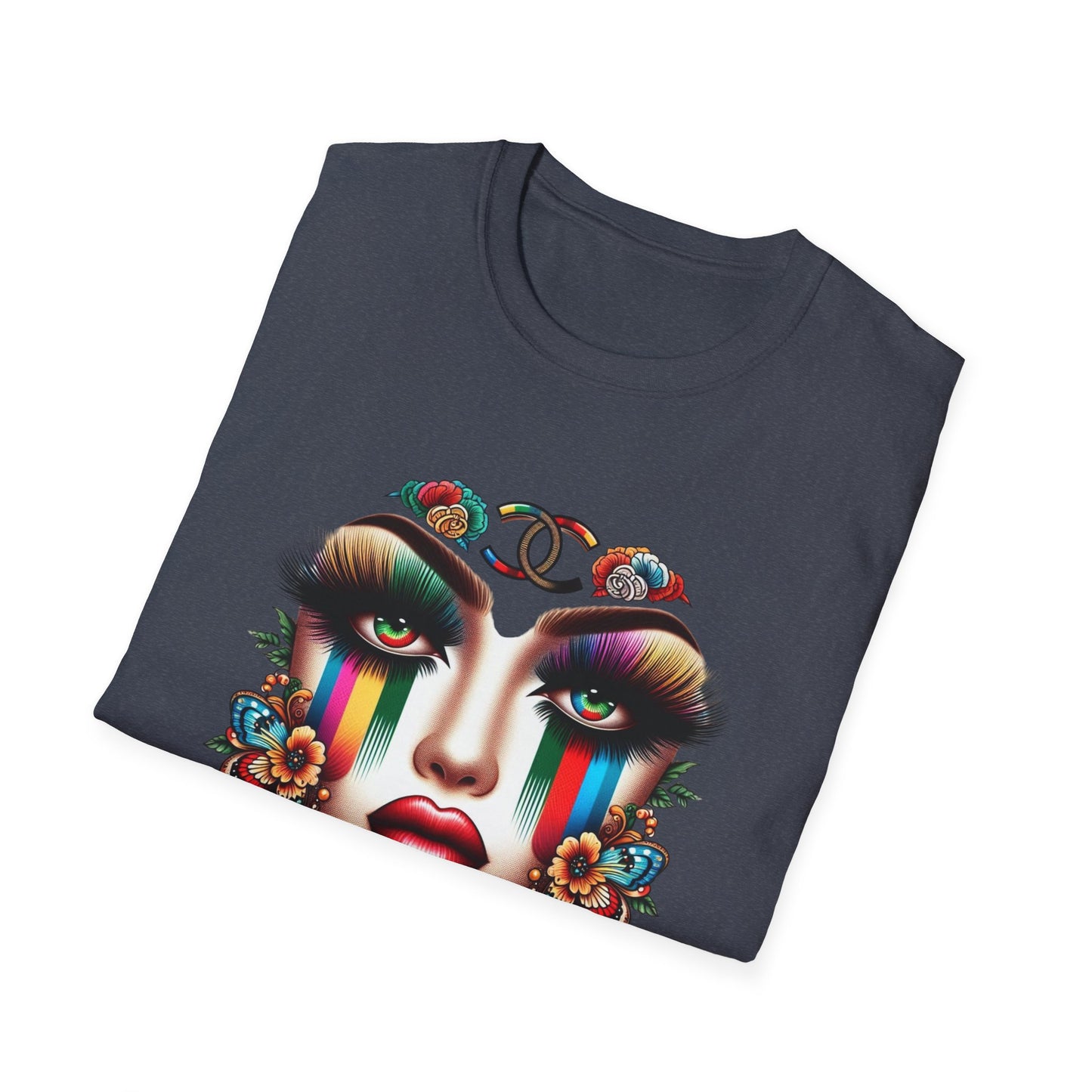Gucci Inspired Vibrant Art Face Unisex Softstyle T-Shirt - Colorful Floral Design