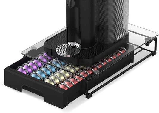 Crystal Tempered Glass Organizer Drawer Holder Compatible with Nespresso Vertuo Capsules, Compatible with 40 Big or 52 Small Vertuoline Pods, 12'' Wide by 15.6'' Deep by 3.5'' High