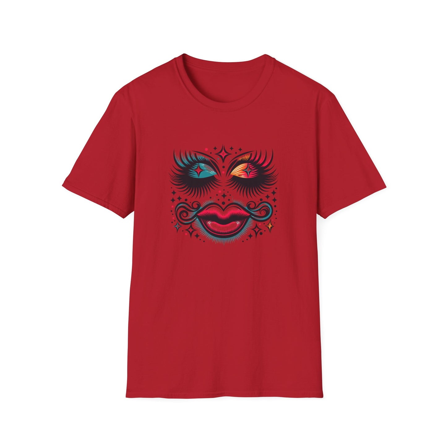 LASHES Vibrant Face Graphic T-Shirt - Unisex Softstyle Tee for Festivals & Celebrations