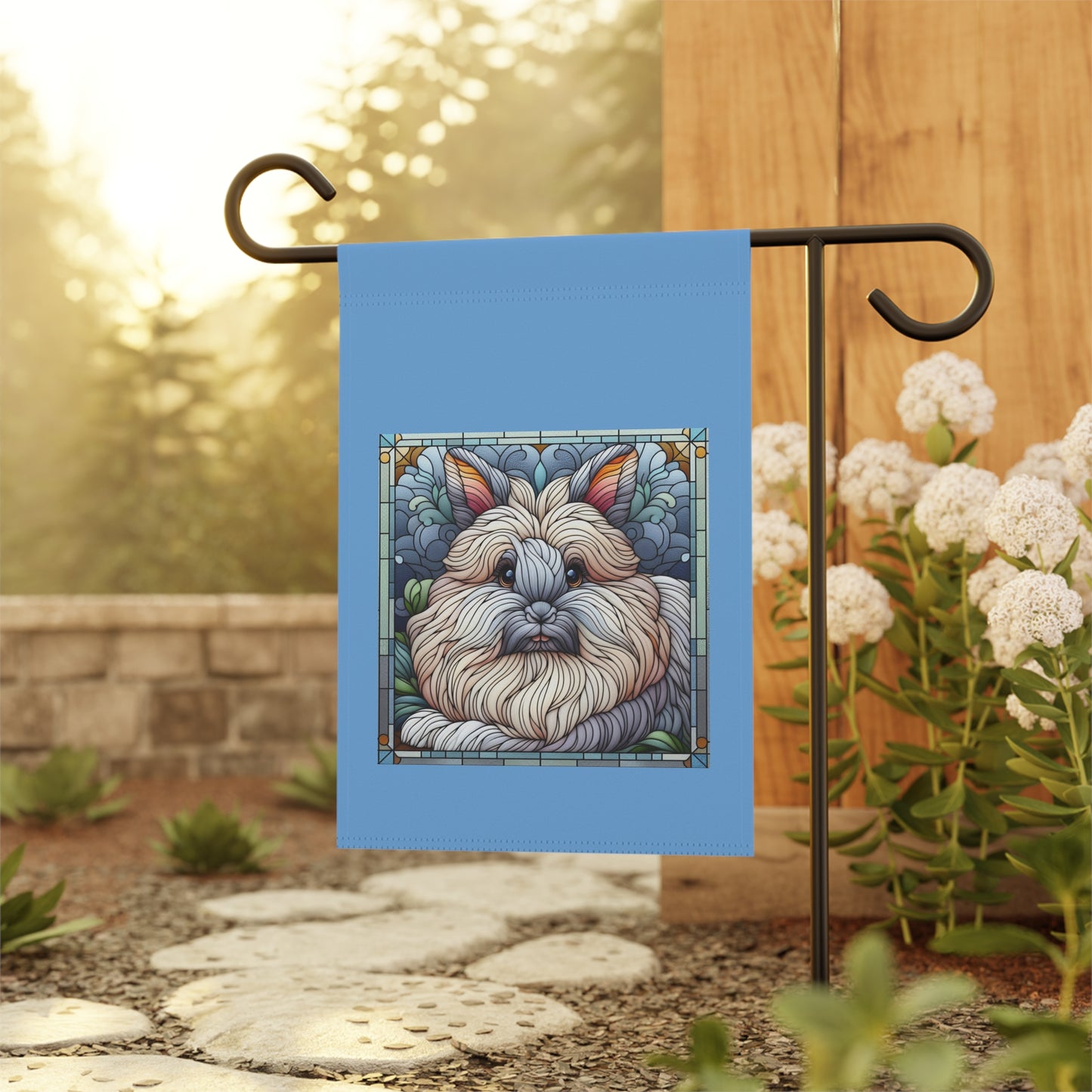 Angora Rabbit Whimsical Cat Garden Flag with Stained Glass Design