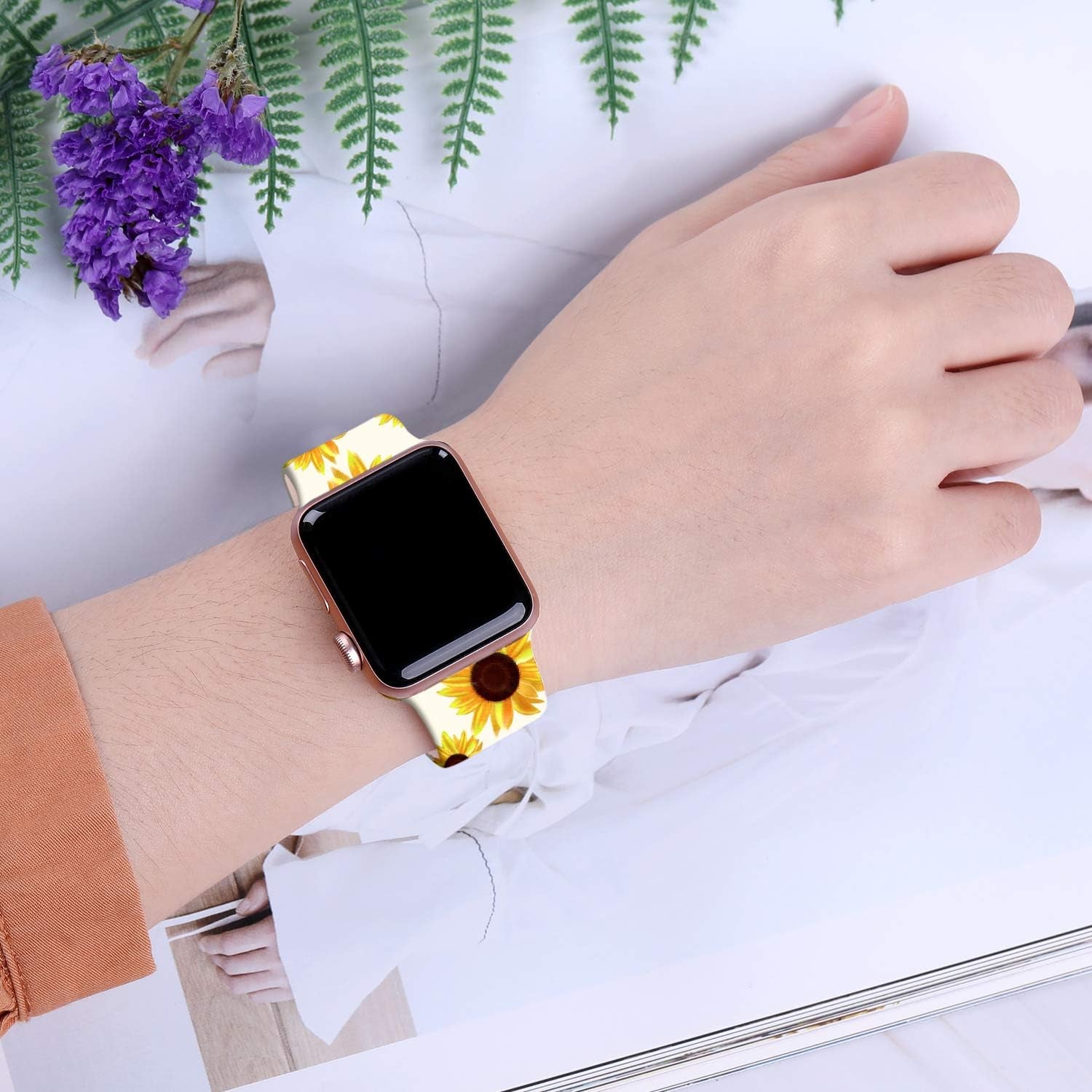 Compatible with Apple Watch Band 42Mm 41Mm 40Mm 38Mm for Women Men, Soft Silicone Fadeless Pattern Print Wristbands for Iwatch Series 10/9/8/7/6/5/4/3/2/1 SE, Sunflower