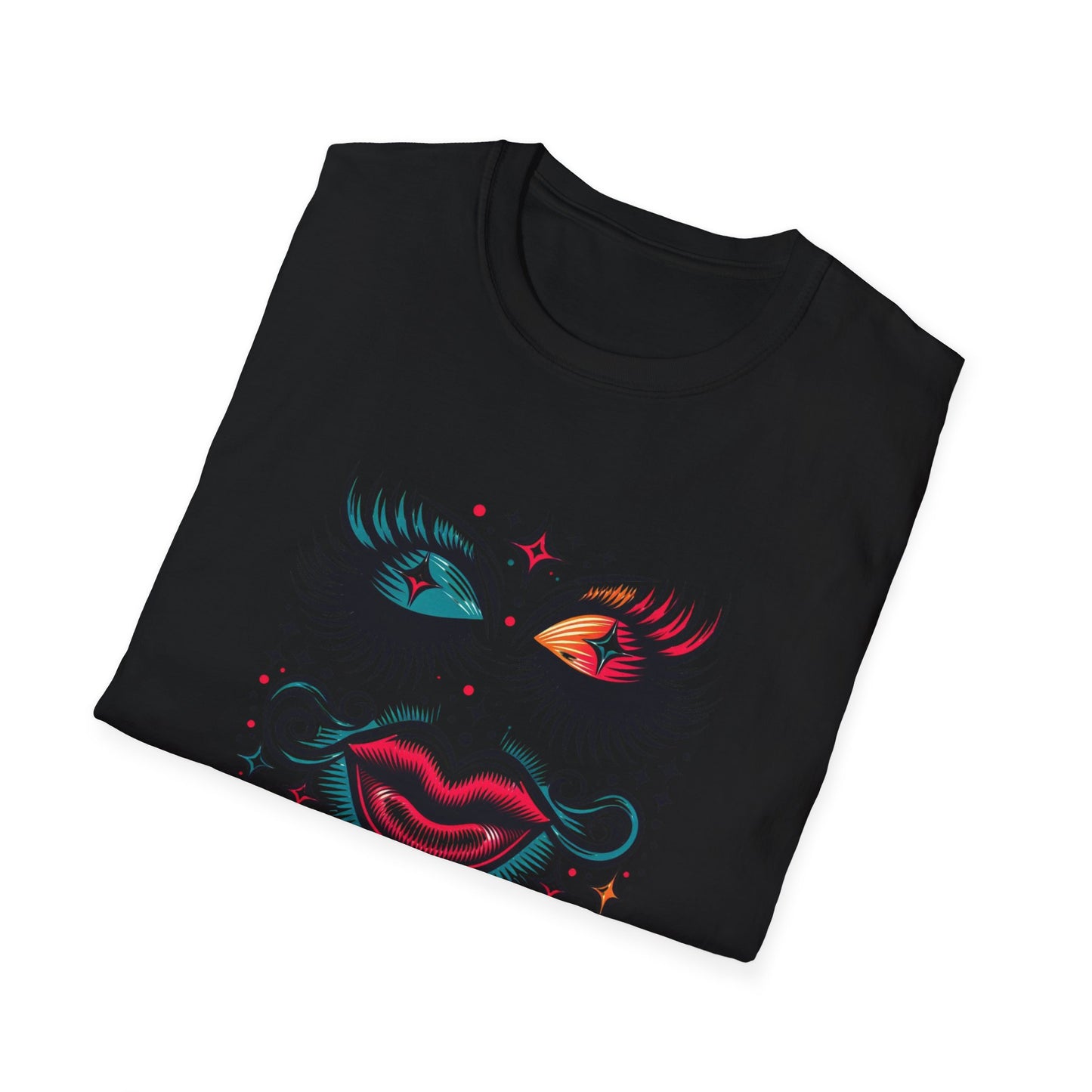 LASHES Vibrant Face Graphic T-Shirt - Unisex Softstyle Tee for Festivals & Celebrations