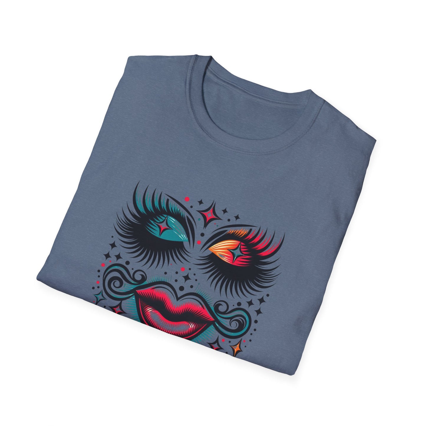 LASHES Vibrant Face Graphic T-Shirt - Unisex Softstyle Tee for Festivals & Celebrations