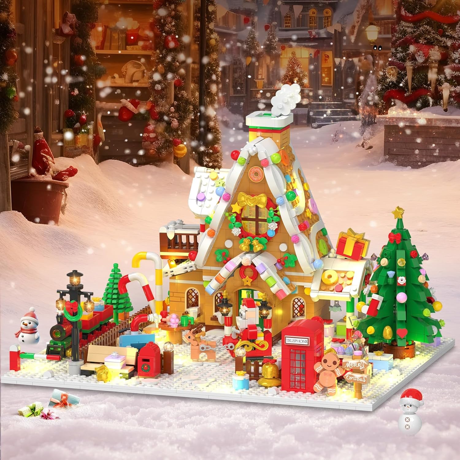 Christmas Gingerbread House Mini Building Set with LED Light, 1763 PCS Christmas Courtyard Building Block Toy with Santa Claus Xmas Tree Train Home Decor, Gift for Adult Kids Girls Boys 10+