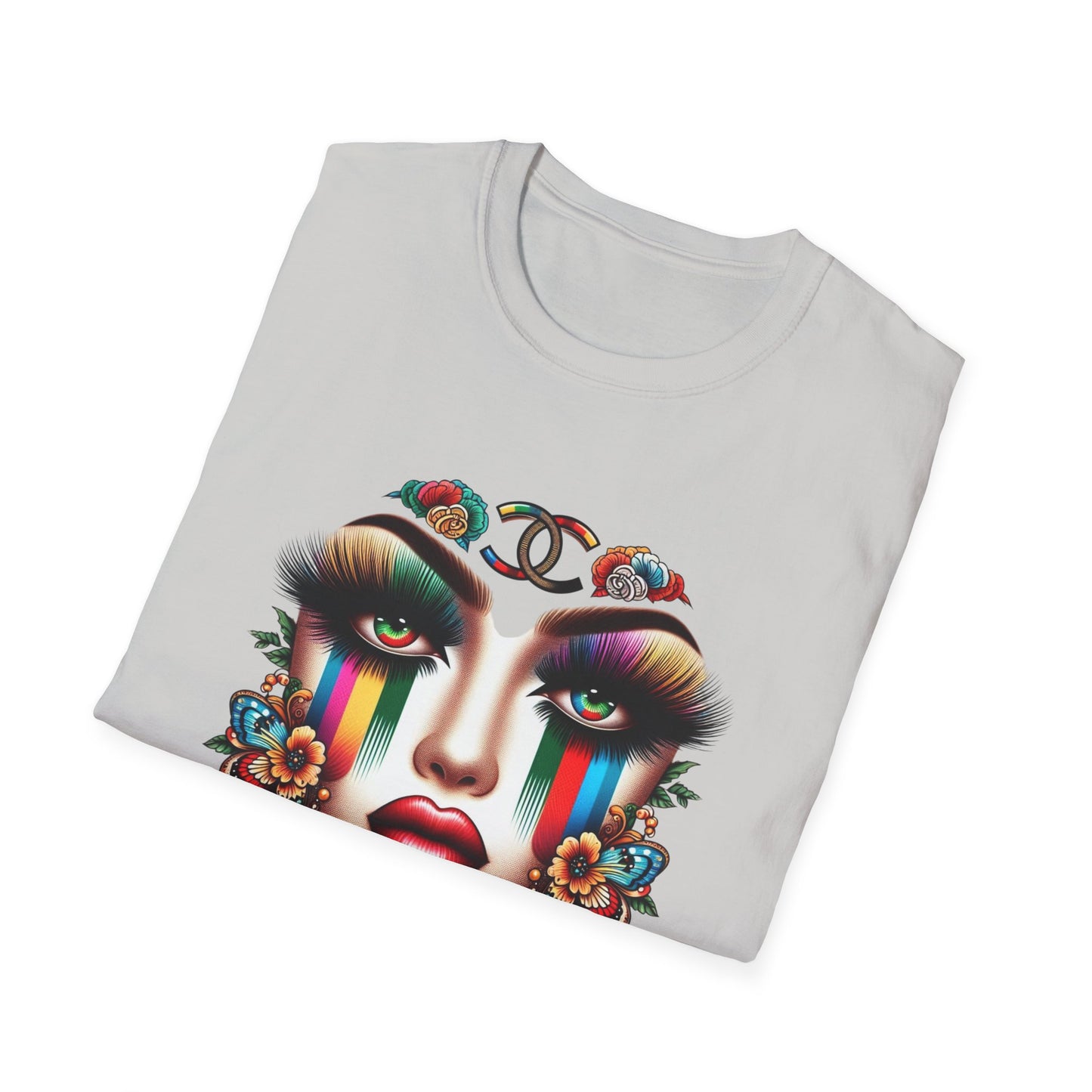 Gucci Inspired Vibrant Art Face Unisex Softstyle T-Shirt - Colorful Floral Design
