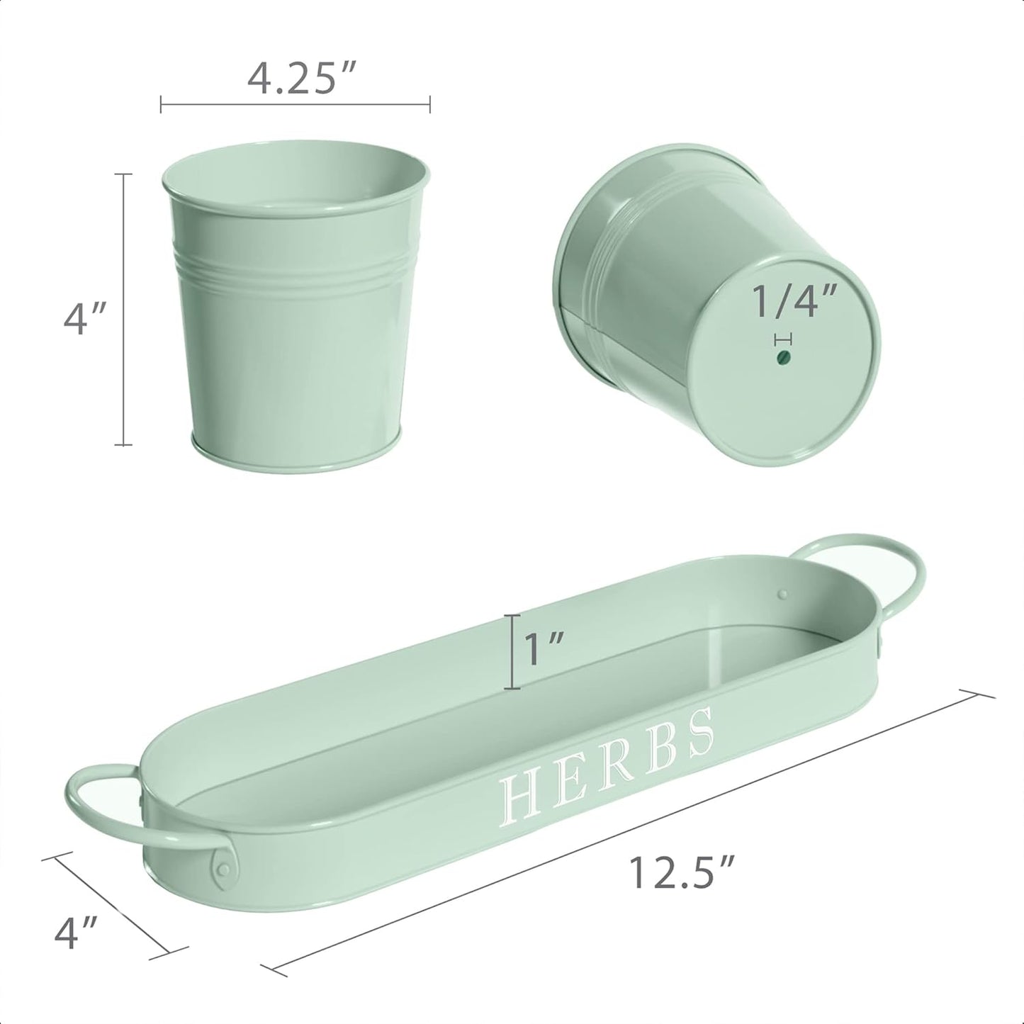 Indoor Herb Garden Planter Set with Tray, Metal Windowsill Plant Pots with Drainage for Outdoor or Indoor Plants, Set/3 (Soft Mint)