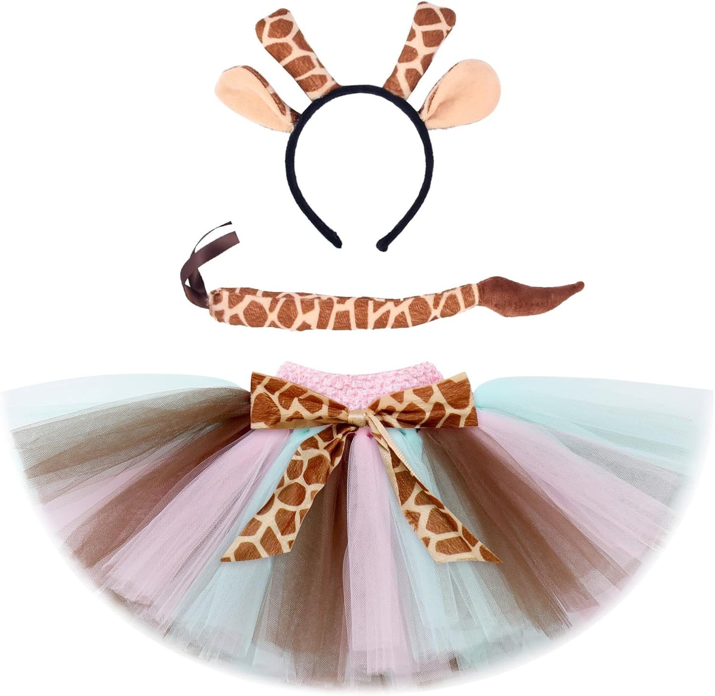 Baby Girls Jungle Animals Costume Tulle Tutu Skirt Ears Headband Bow Tie and Tail Set for Halloween Cosplay Dress Up