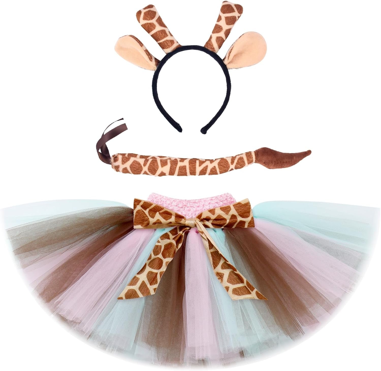 Baby Girls Jungle Animals Costume Tulle Tutu Skirt Ears Headband Bow Tie and Tail Set for Halloween Cosplay Dress Up