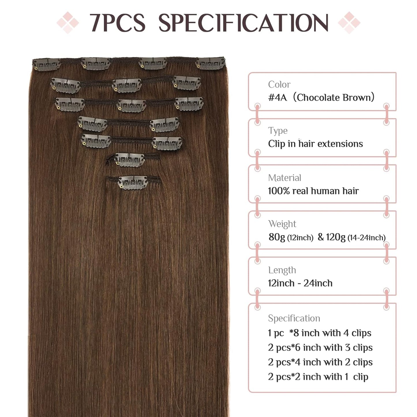 Clip in Hair Extensions Real Human Hair, 7 Pcs Chocolate Brown Hair Extensions 12 Inch 80G, Human Hair Extensions Clip Ins Remy Hair Extensions Natural Straight Hair for Woman