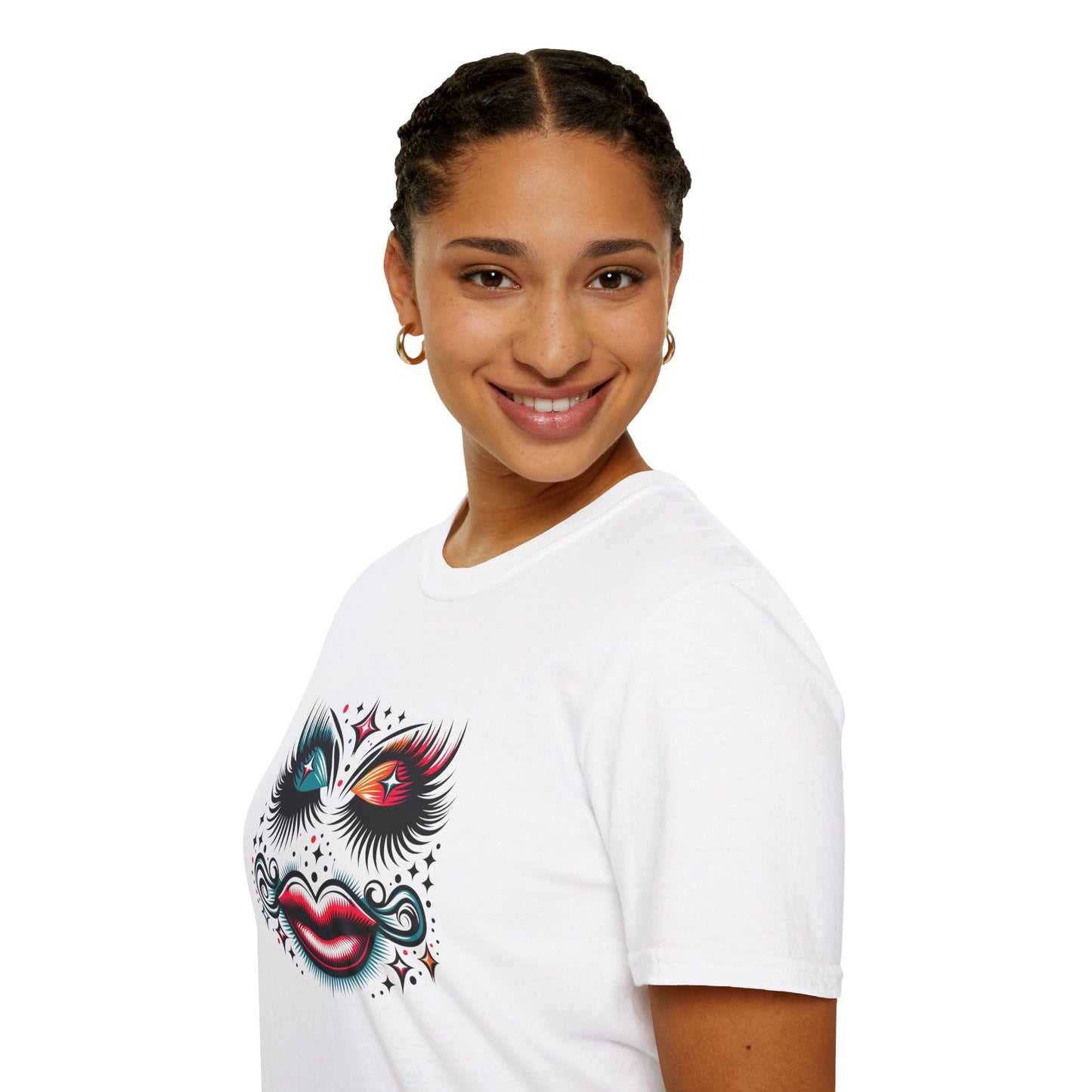 LASHES Vibrant Face Graphic T-Shirt - Unisex Softstyle Tee for Festivals & Celebrations