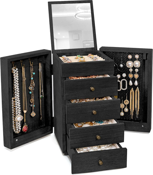 Jewelry Box Wood for Women, 5-Layer Large Organizer Box with Mirror & 4 Drawers for Rings, Earrings, Necklaces, Black