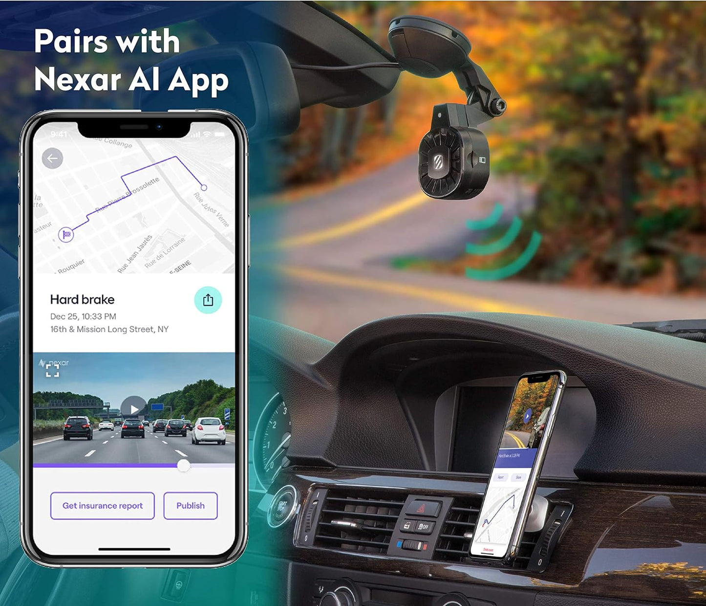 NEXC1 Full HD 1080P Smart Phone Enabled Dash Cam Powered by Nexar with 32GB Micro-Sd Memory Card - Wifi & Bluetooth - Car Security Camera System with Stickgrip Suction Cup for Secure Mounting TRUCK DRIVER