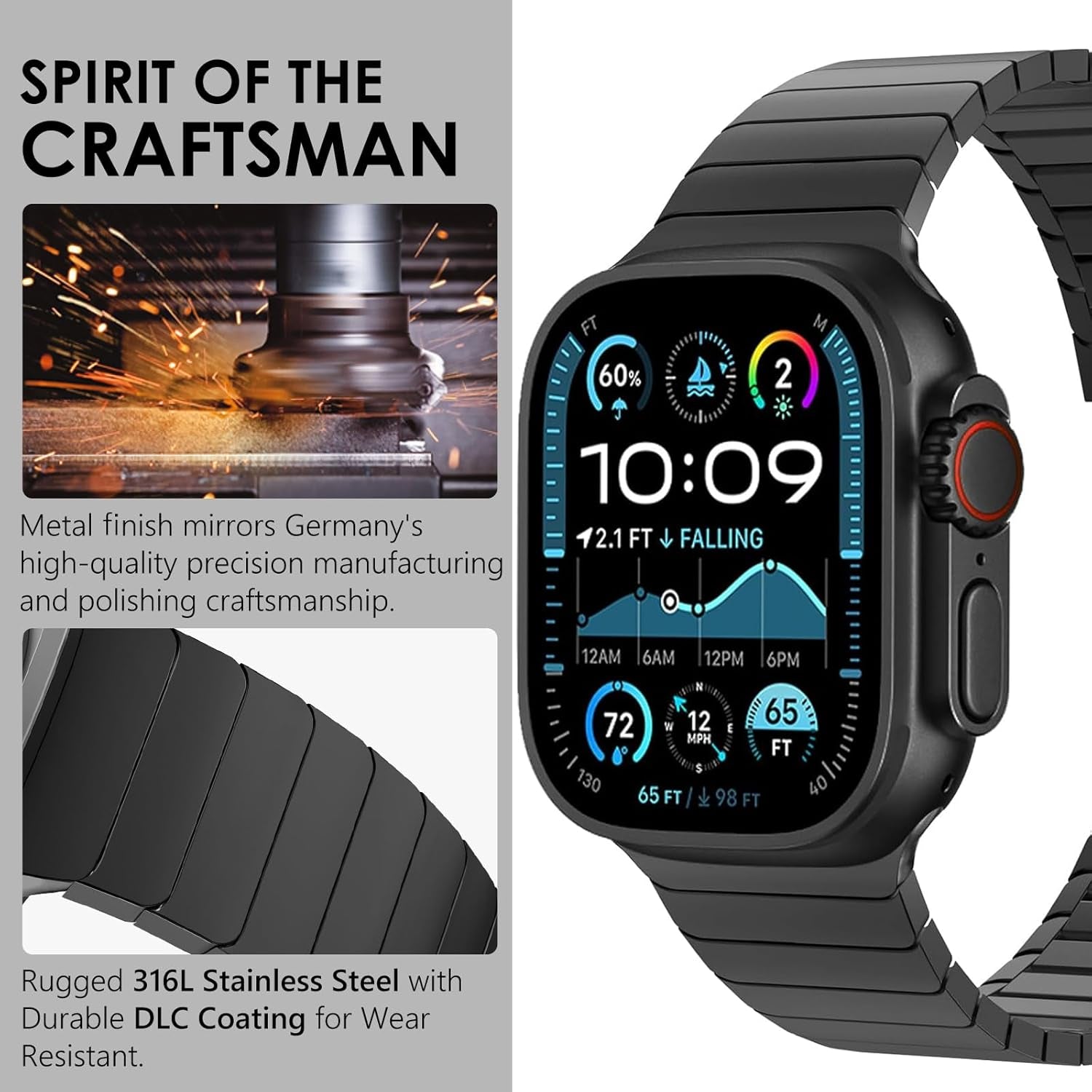 Compatible for Apple Watch Ultra 2 Band Ultra Band 49Mm 46Mm 45Mm 44Mm 42Mm Series 10 9 8 7 for Men, 24Mm Wide Stainless Steel Metal Bands for Apple Watch Iwatch SE Series 6 5 4 Link, Black