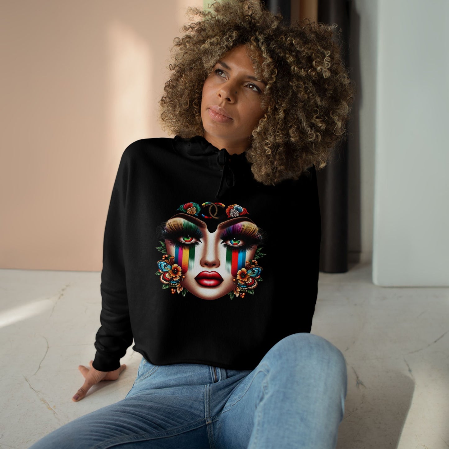 GUCCI Inspired Colorful Floral Face Crop Hoodie - Trendy Streetwear for Self-Expression
