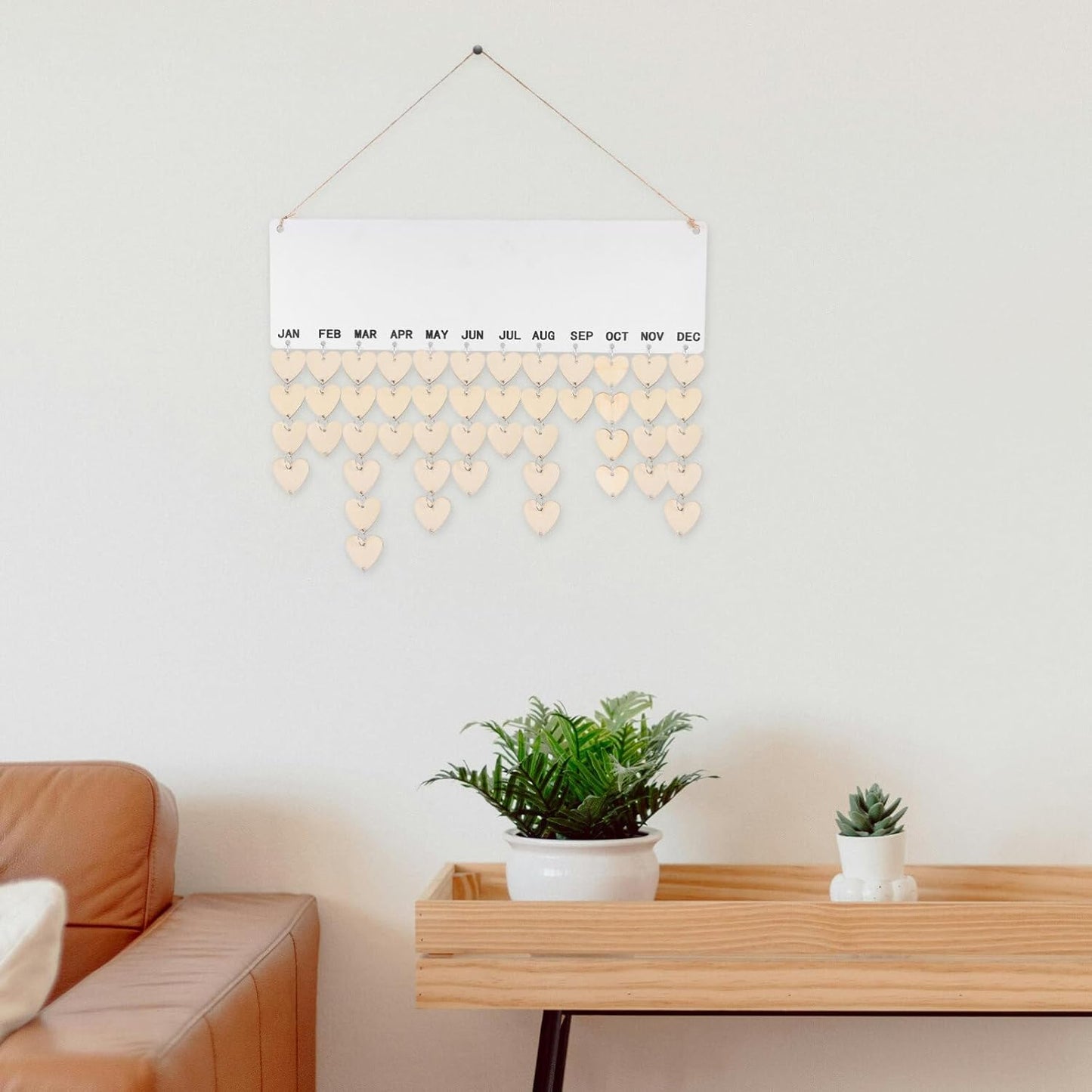 Family Birthday Wooden Reminder Calendar Board Wall Hanging Plaque Board Wood Heart Tags with 50 PCS Iron Loops for Wedding Birthday Christmas Home Wall Decor