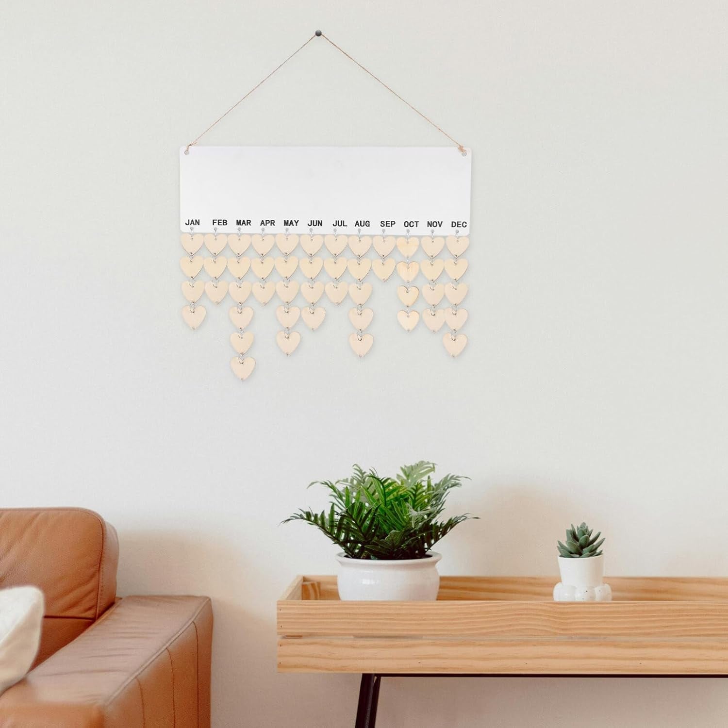 Family Birthday Wooden Reminder Calendar Board Wall Hanging Plaque Board Wood Heart Tags with 50 PCS Iron Loops for Wedding Birthday Christmas Home Wall Decor