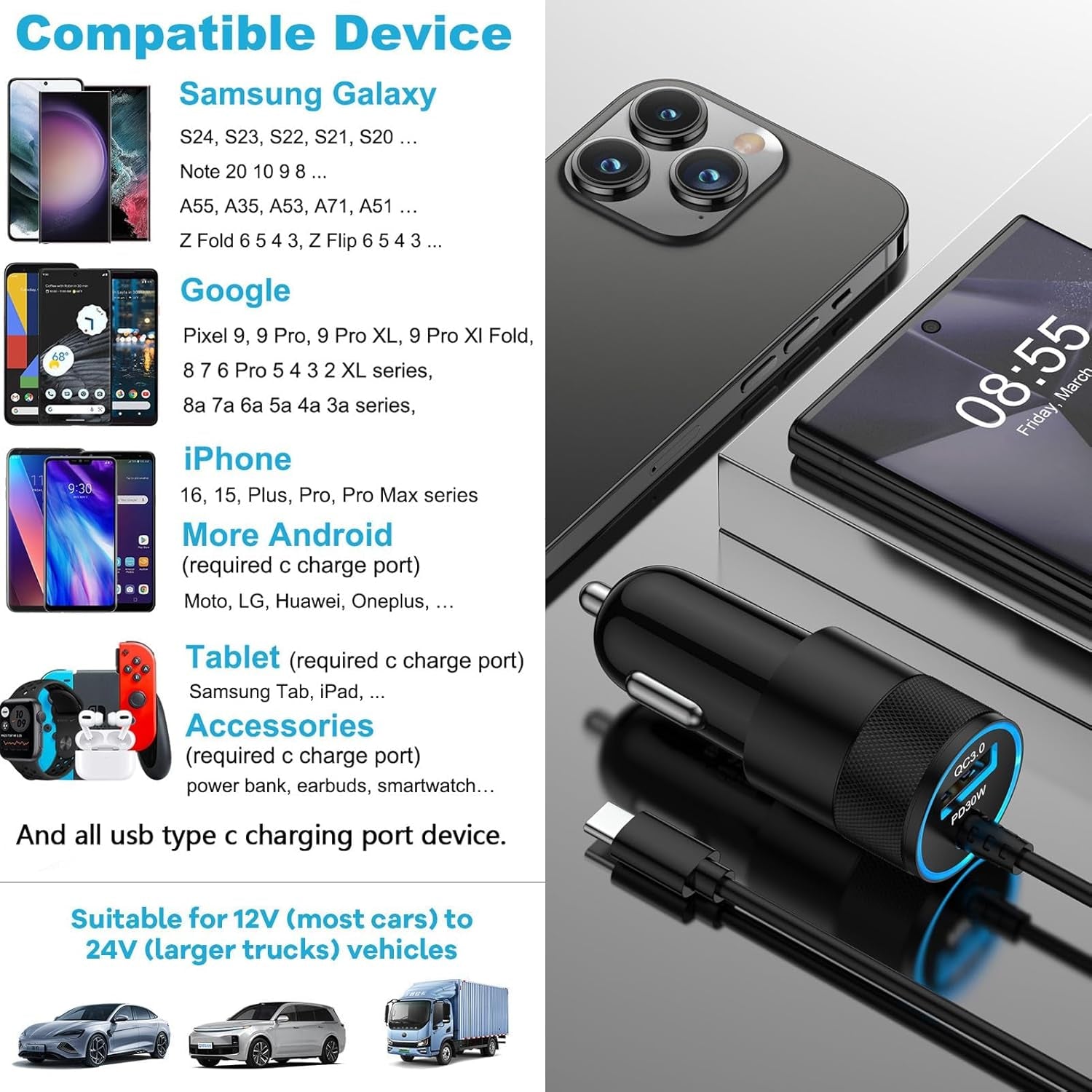 Fast Car Phone Charger for Iphone 16E, 16, 16 Pro Max, 16 Pro, 16 Plus, 15 Series, Accessories USB C Wall Charger with Car Adapter with 3Ft/6Ft Cable