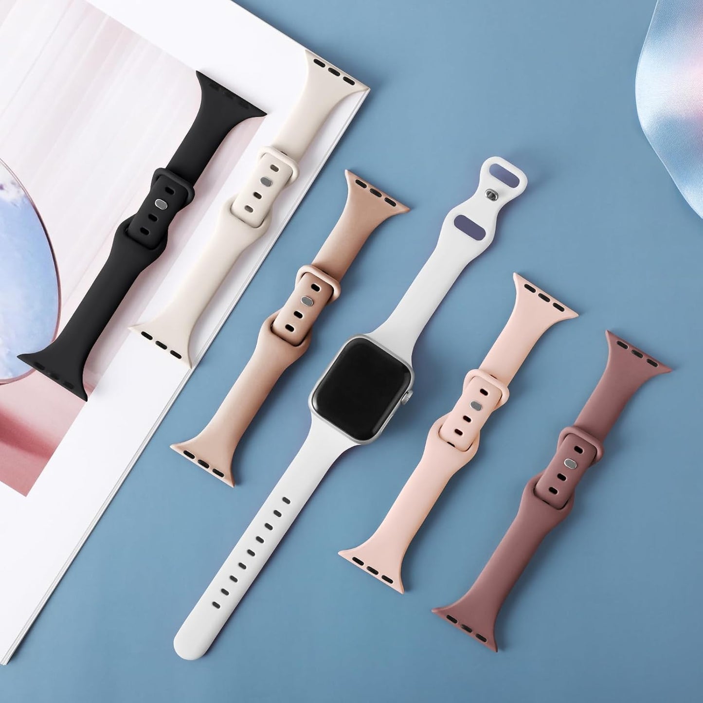 6 Pack Slim Thin Bands Compatible with Apple Watch 38Mm 40Mm 41Mm 42Mm 44Mm 45Mm 49Mm, Replacement Soft Silicone Sport Strap for Iwatch Series 9/8/7/6/5/4/3/2/1 Ultra/2 SE Women Men