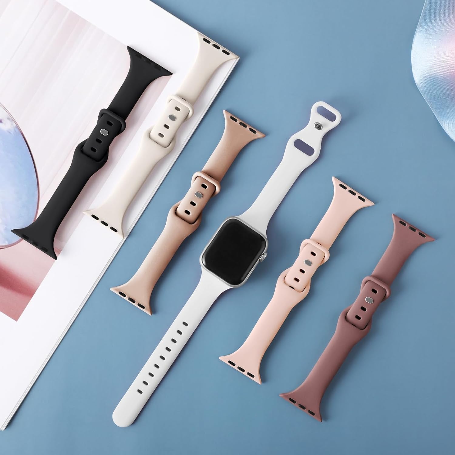 6 Pack Slim Thin Bands Compatible with Apple Watch 38Mm 40Mm 41Mm 42Mm 44Mm 45Mm 49Mm, Replacement Soft Silicone Sport Strap for Iwatch Series 9/8/7/6/5/4/3/2/1 Ultra/2 SE Women Men