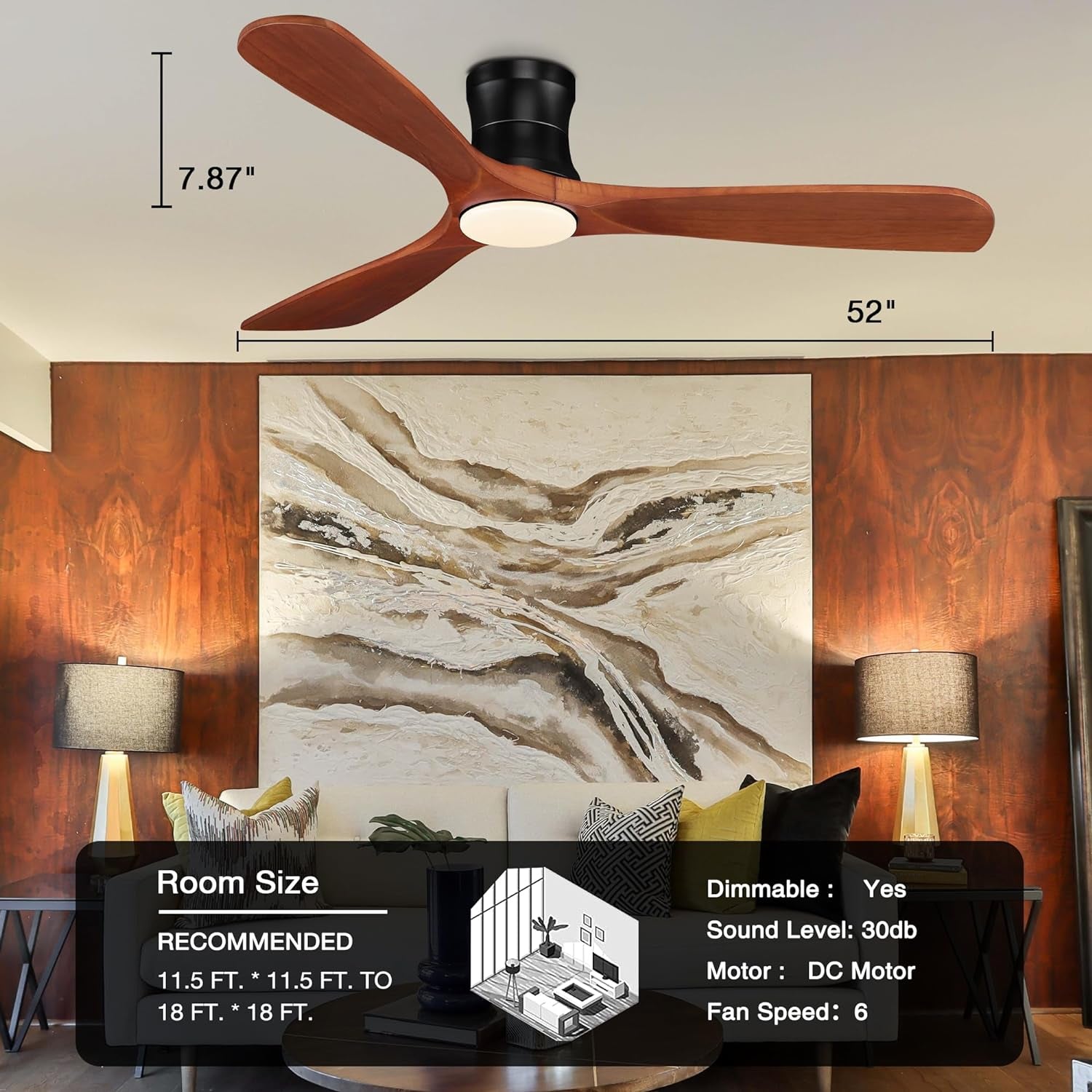 Smart 52” Wood Flush Mount Ceiling Fans with Lights Remote,Quiet DC Motor,Outdoor Indoor Low Profile Ceiling Fan,Voice Contorl with WIFI Alexa App Control,Modern Fan for Bedroom Patio