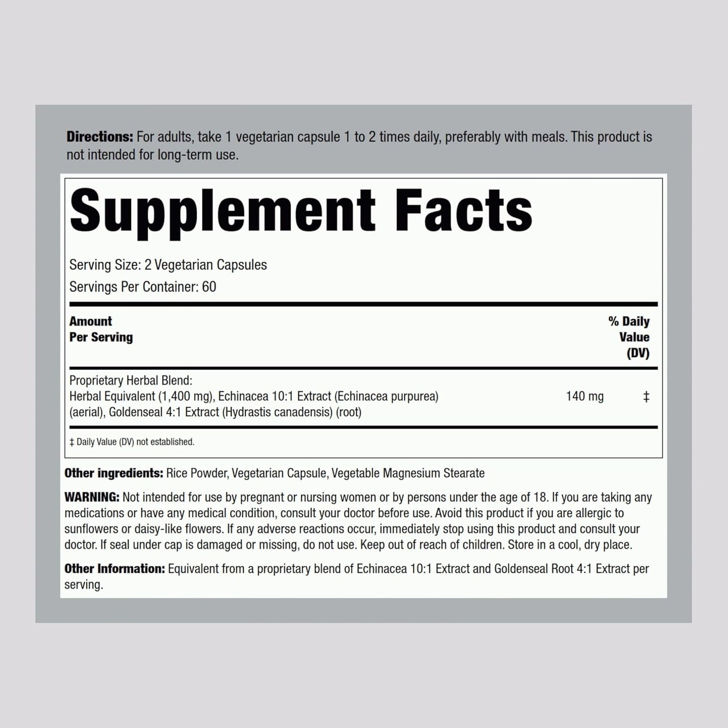 Echinacea Goldenseal Capsules | 1400Mg | 120 Vegetarian Capsules | Non-Gmo, Gluten Free Supplement TLBH