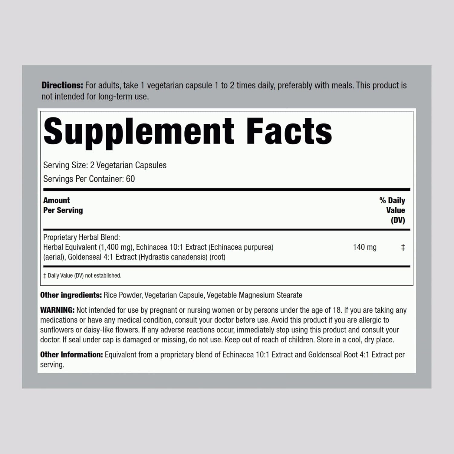 Echinacea Goldenseal Capsules | 1400Mg | 120 Vegetarian Capsules | Non-Gmo, Gluten Free Supplement TLBH