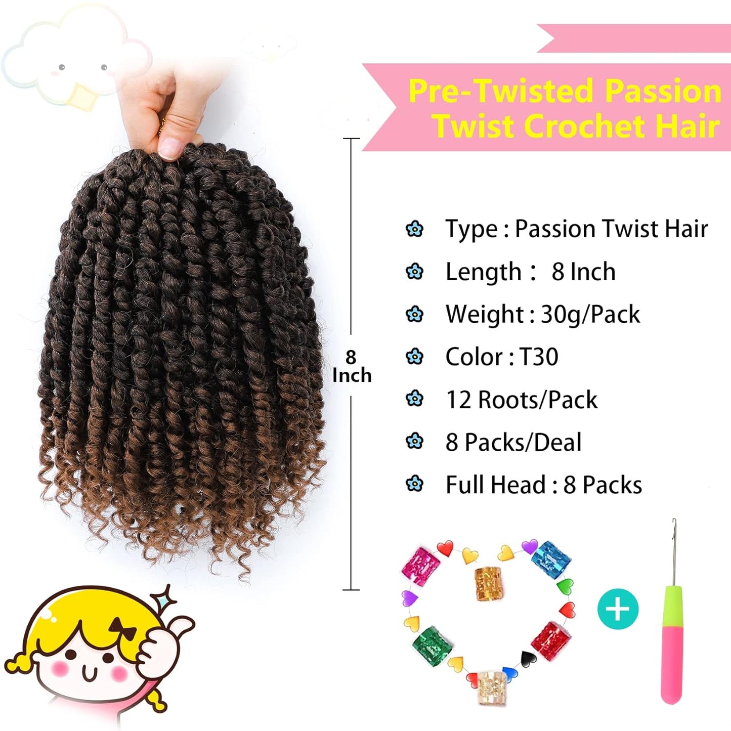 Passion Twist Hair 8 Inch, 8 Packs Passion Twist Crochet Hair for Black Women, Prelooped Crochet Twist Hair with Curly Ends (8Inch, T30#)