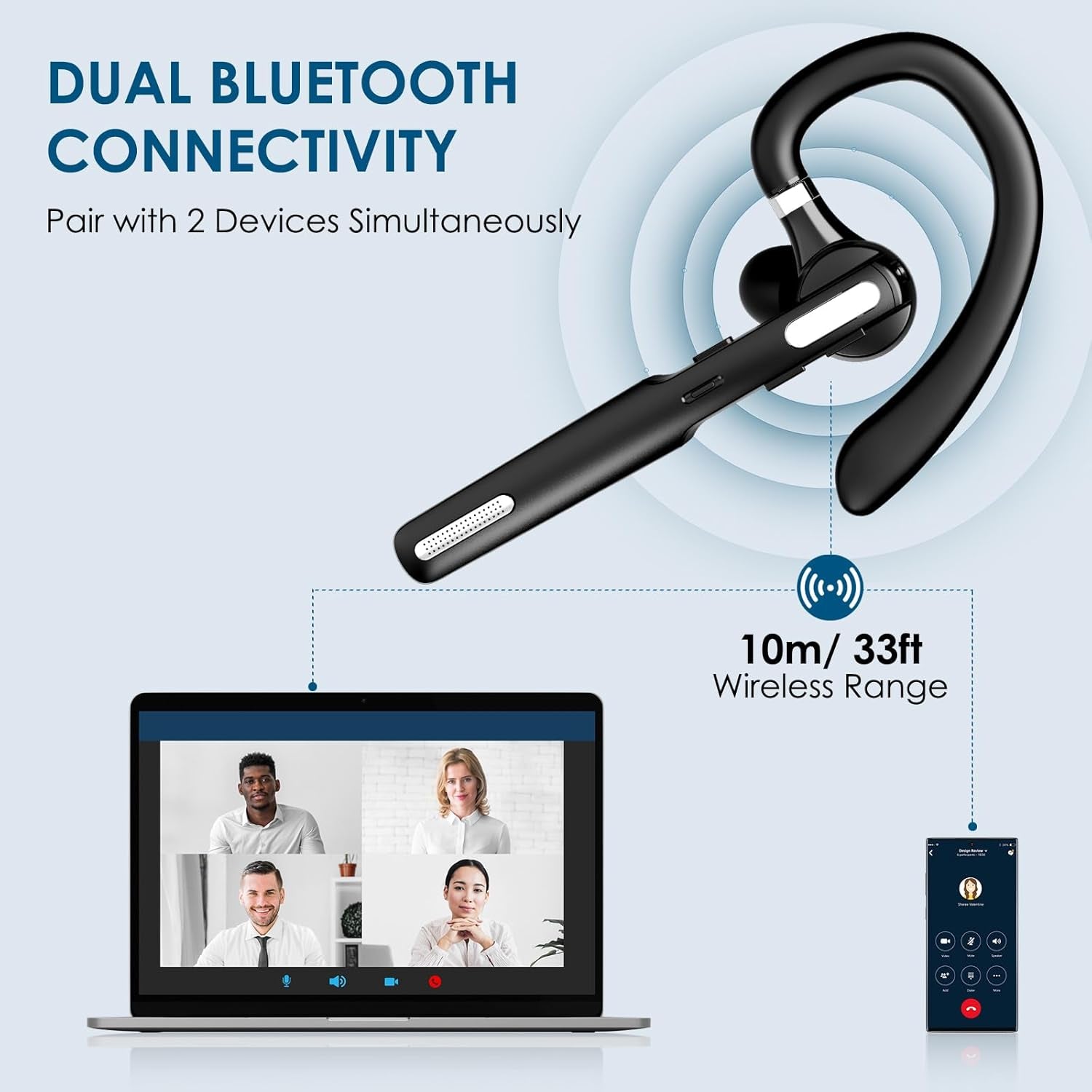 Bluetooth Headset, Wireless Bluetooth Earpiece V5.0 Hands-Free Earphones with Built-In Mic for Driving/Business/Office, Compatible with Iphone and Android (Black) TRUCK DRIVER