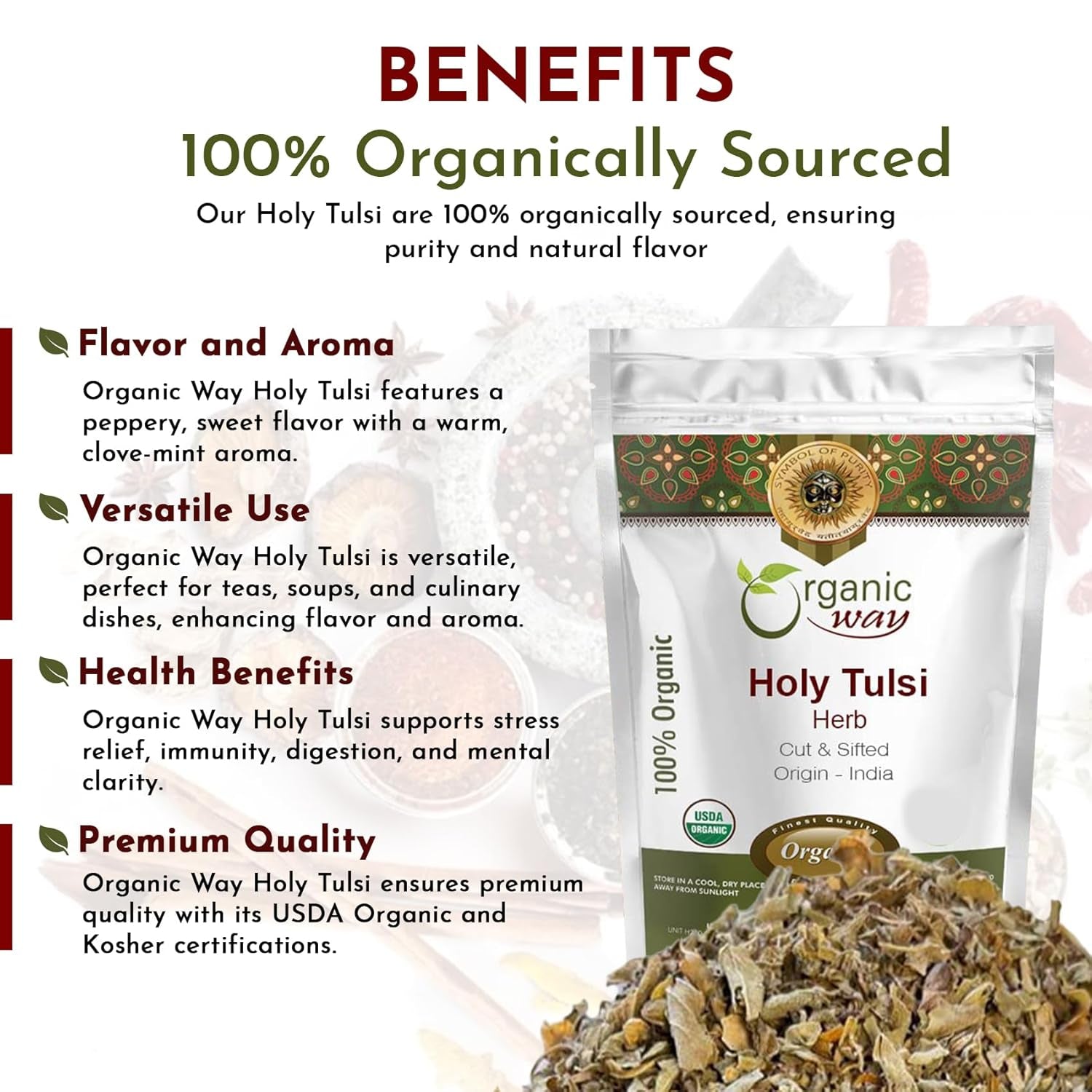 Holy Tulsi/Holy Basil Herb Cut & Sifted (Ocimum Tenuiflorum) - Organic & Kosher Certified | Raw, Vegan, Non GMO & Gluten Free | USDA Certified | Origin - India (1/4 LBS / 4 Oz) TLBH