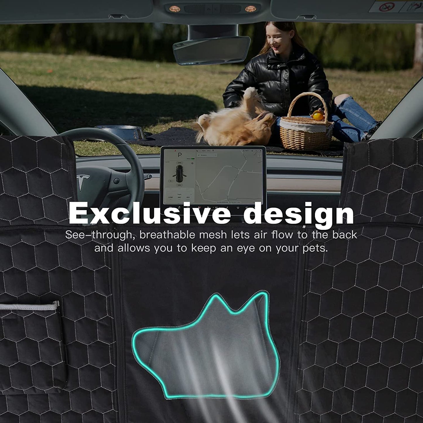 Dog Seat Covers for Back Seat, Dog Car Seat for Tesla Model 3, 100% Waterproof Pet Seat Cover Protects from Scratches, Scuffs, Dog Hammock for Tesla with Mesh Window & Headrest Protection