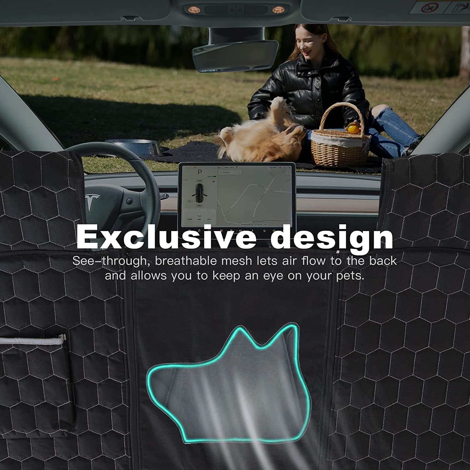 Dog Seat Covers for Back Seat, Dog Car Seat for Tesla Model 3, 100% Waterproof Pet Seat Cover Protects from Scratches, Scuffs, Dog Hammock for Tesla with Mesh Window & Headrest Protection