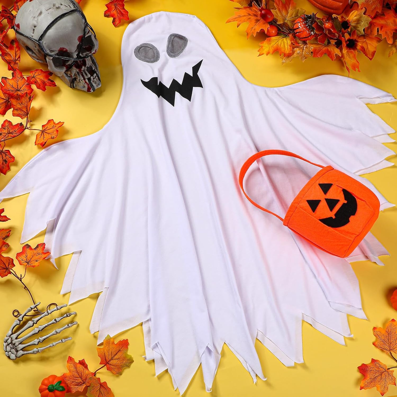 Halloween Kids Ghost Costume Toddler Ghost Costume with Pumpkin Bucket for Boys Girls Cosplay Trick or Treating Party