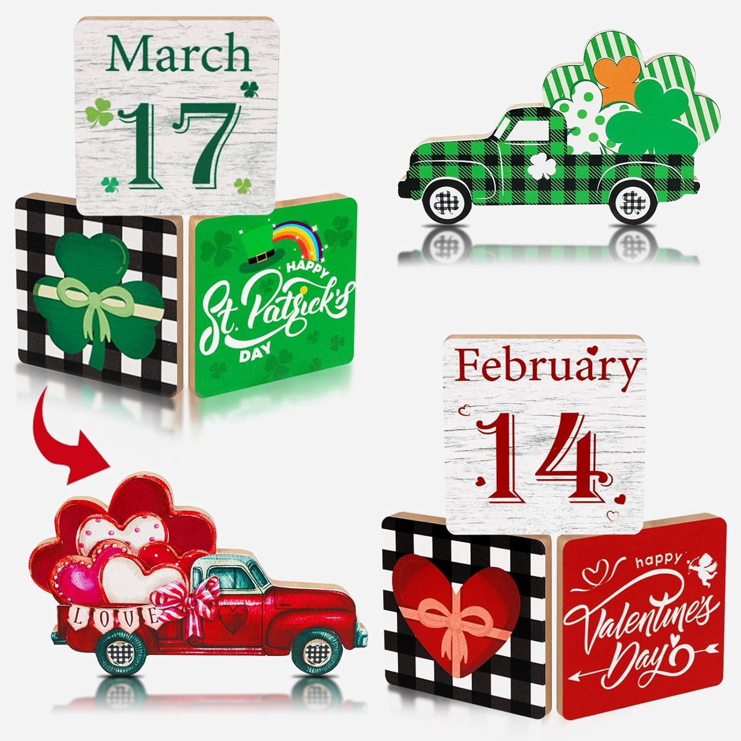 5PCS Valentines Day Decor/St.Patricks Day Decorations Reversible Table Centerpieces Tiered Tray Ornament for Home Party Decor