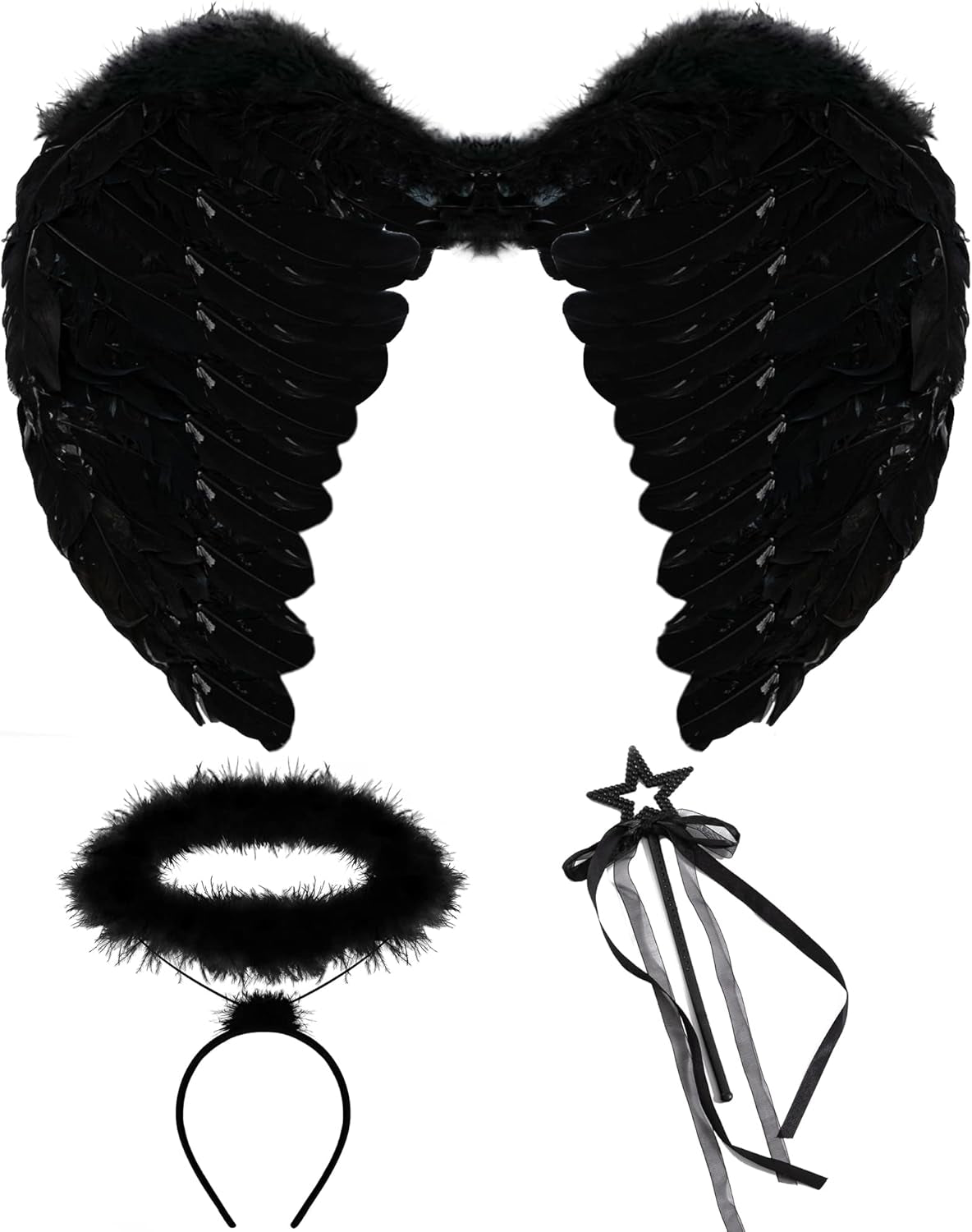 Black White Angel Wings Halo Headband with Wand for Kids Feather Fairy Wings Halloween Party Costume