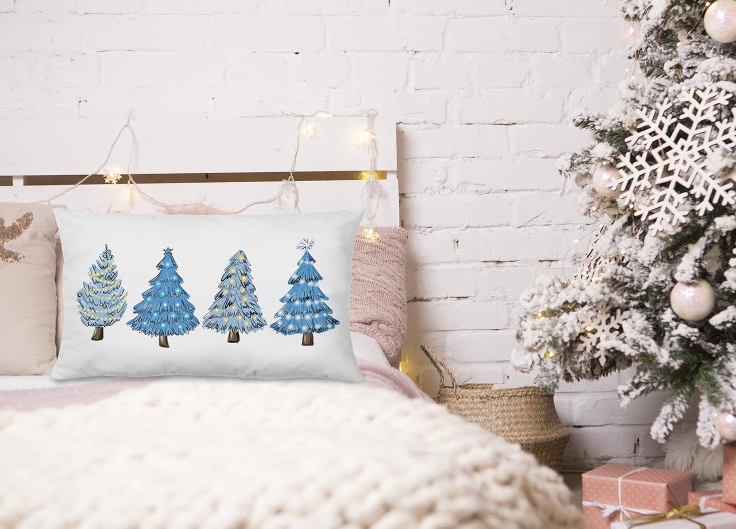 Blue Christmas Decorations,Coastal Christmas Decor Blue Christmas Tree Pillow Covers 12X20,Christmas Decor,Christmas Trees Xmas Pillow Cases Cushion Covers,Blue Christmas Tree Pillow Covers